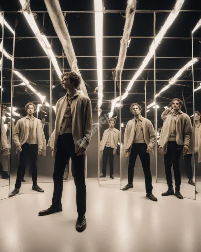 An actor on stage, surrounded by mirrors reflecting various roles, representing identity and self-expression.