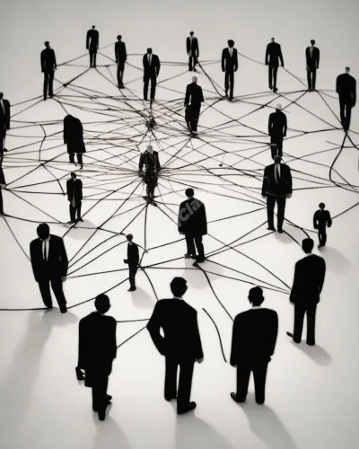 Shadowy figures in suits forming a web-like network, symbolizing power and hidden influences in mafia dreams.