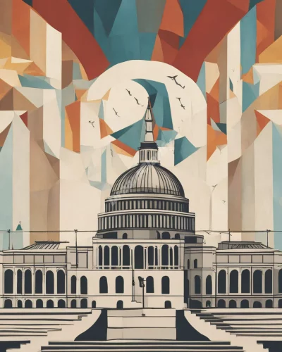 Parliament building with rooms revealing different dream symbols, representing governance and decision-making.