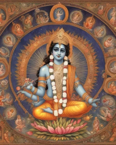 Krishna surrounded by divine symbols, representing spirituality.