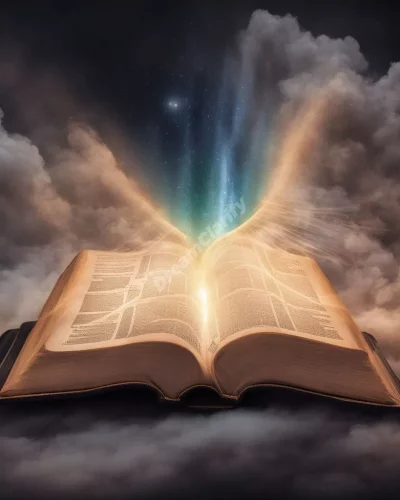 A glowing Bible with pages turning to reveal dream scenes, representing spiritual guidance.