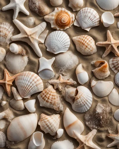 Seashells on a beach, each containing a different dream symbol, representing wisdom and the ocean's mysteries.