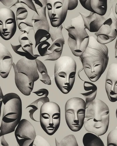 Floating masks revealing different faces, representing identity in mask dreams.