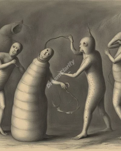 Leeches attaching to a figure, revealing hidden fears.