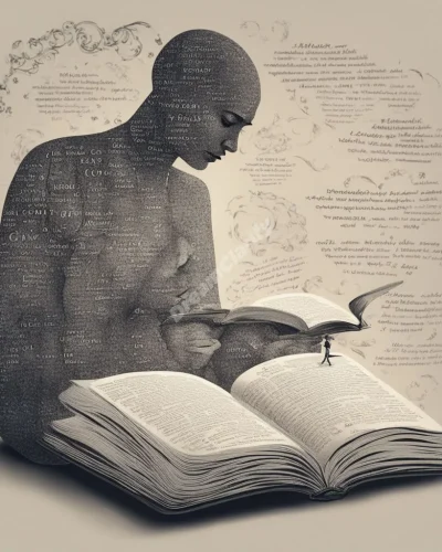 A figure reading a book, with words transforming into dream symbols, representing knowledge and insight in reading dreams.