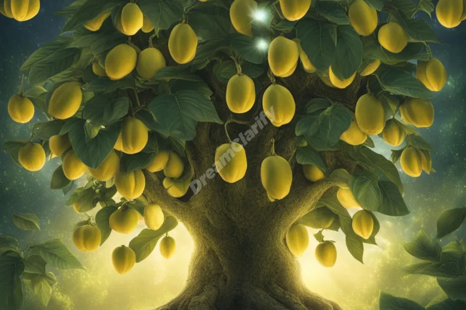 A jackfruit tree with glowing fruit, each containing a different dream symbol, set in a mystical garden.