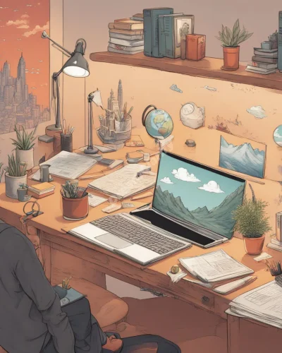 A desk transforming into various dream scenes, representing work life.