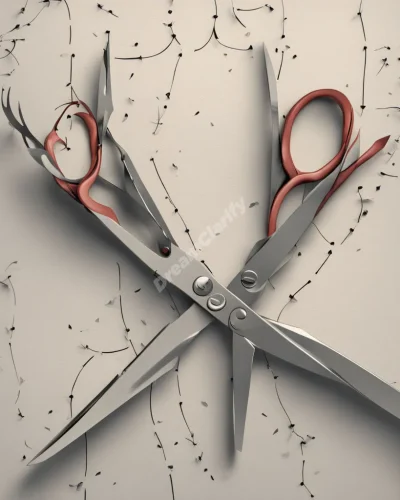 Scissors cutting a symbolic cord, with new paths growing from the cut ends, representing change and new beginnings.