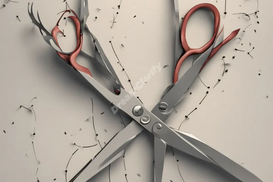 Scissors cutting a symbolic cord, with new paths growing from the cut ends, representing change and new beginnings.