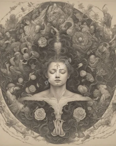 A figure being beheaded, surrounded by swirling symbols of transformation and rebirth, representing change and renewal.