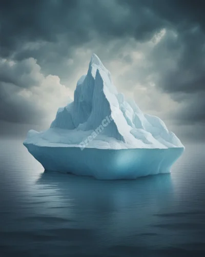 An iceberg floating in a sea of consciousness, its hidden mass below the surface revealing deep thoughts and memories.