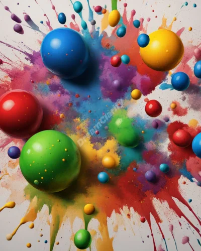 Colorful paintballs splattering to form dream images on a canvas, representing unexpected creativity or conflict.