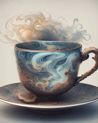 A teacup with swirling liquid forming dream-like images, symbolizing intuition and the reading of life's signs.