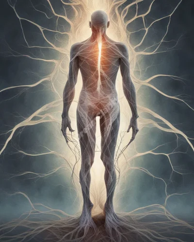 Legs with visible veins that transform into root-like structures, connecting to a glowing earth representing vitality.