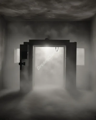 A gas chamber filled with fog that clears to reveal profound truths, symbolizing confrontation of fears and dark history.