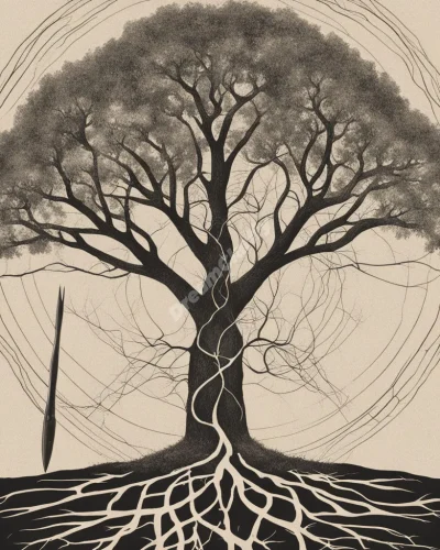 Scissors approaching a tree of life, with new branches growing from cut areas, symbolizing transformation and rebirth.