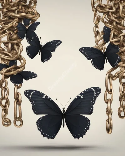 Chains of debt dissolving into butterflies, symbolizing financial worries transforming into opportunities.