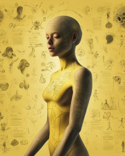 A figure with yellow-tinted skin, surrounded by medical symbols transforming into life lessons, representing health concerns and awareness.