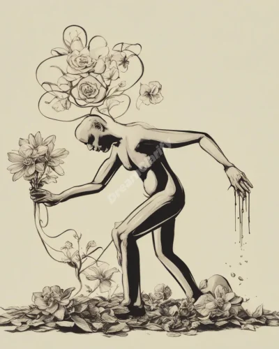 A figure pooping, with the waste transforming into flowers and symbols, representing release and transformation.