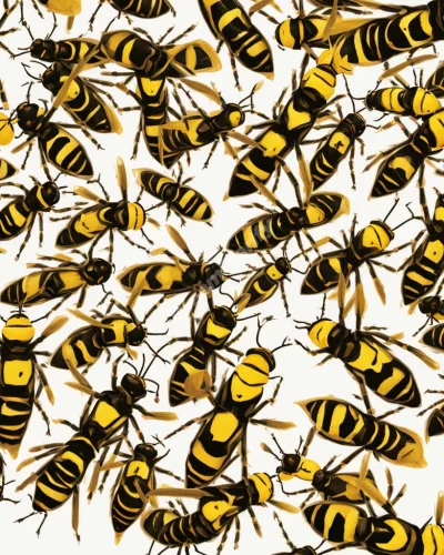 A swarm of wasps forming warning signs or exclamation marks, symbolizing irritations or perceived threats in life.