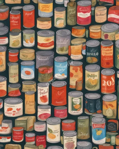 Canned food items with labels revealing hidden dream messages, symbolizing preserved emotions or memories.