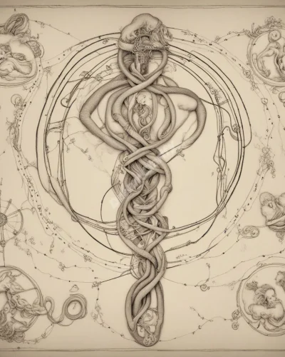 An umbilical cord connecting a dreamer to various symbols, representing connections and life force.