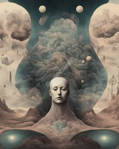 Surreal dream landscape with abstract symbols and shapes suggesting human anatomy, exploring subconscious imagery in dreams.