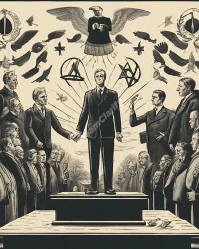 A figure being sworn in, surrounded by symbols of responsibility and power.