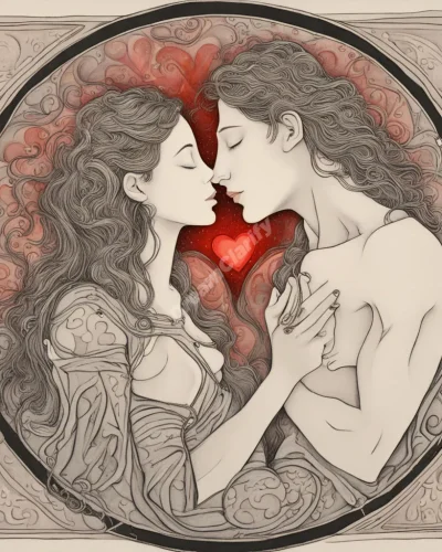 Two figures sharing a kiss, surrounded by glowing hearts and symbols of connection, representing intimacy.