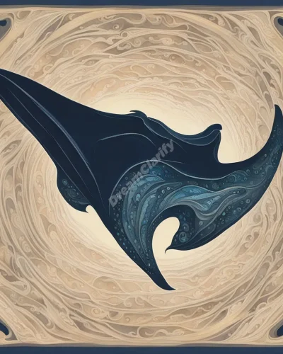 A graceful manta ray gliding through a dreamscape ocean, its wings revealing hidden symbols, representing mystery and grace in manta ray dreams.