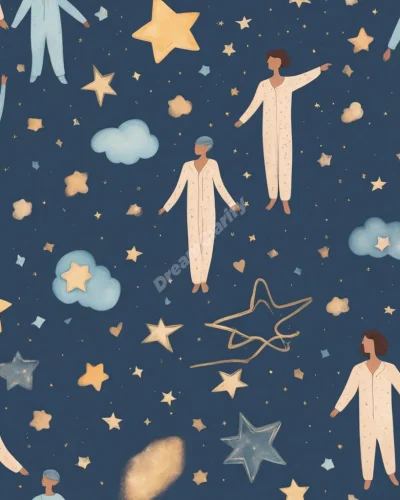 Floating pajamas filled with stars and dream symbols, representing comfort and the transition to the dream world.