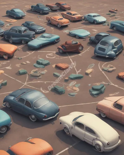 A parking lot with cars made of dream symbols, representing choices and temporary states.