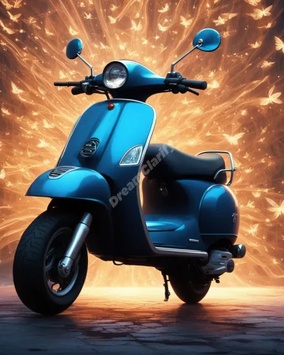 A scooter leaving a trail of glowing symbols as it zips through various dreamscapes, representing freedom and life's journey.