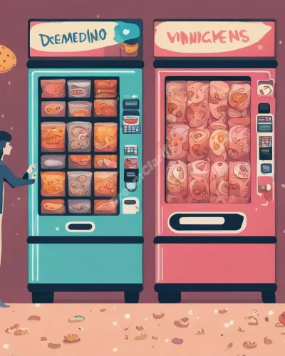 A vending machine dispensing dream symbols instead of snacks, representing choices and unexpected rewards in vending machine dreams.