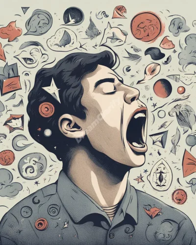 A person yawning, surrounded by dream symbols floating out of their mouth, representing subconscious revelations through yawning.