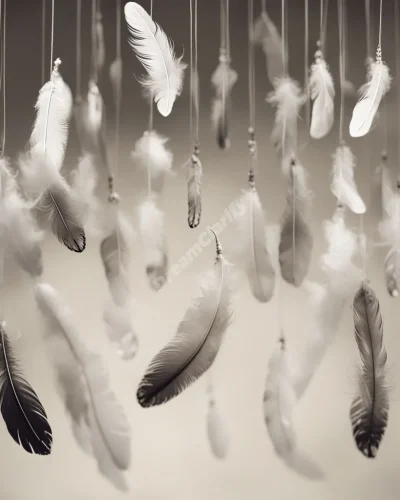 Feathers floating down, each containing a miniature dream scene, symbolizing lightness, hope, and spiritual messages.