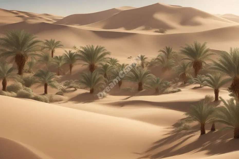 A lush oasis emerging from desert sands, with a shimmering mirage-like quality, symbolizing hope.