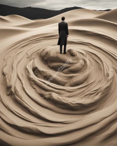 A figure sinking into swirling quicksand that reveals hidden truths, symbolizing life's struggles and transformation.