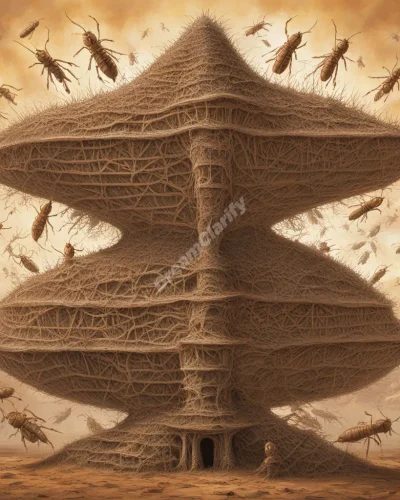 Termites building intricate structures out of dream symbols, representing hidden destructive forces or unseen progress.