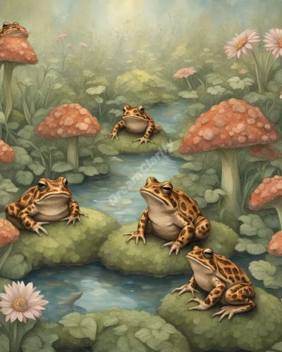 Toads hopping through a dream garden, symbolizing transformation and mystery.