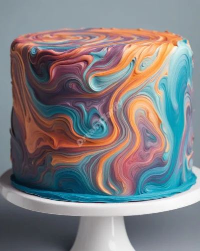 Swirling, colorful icing forming dream-like patterns on a cosmic cake, symbolizing life's sweet moments and creativity.