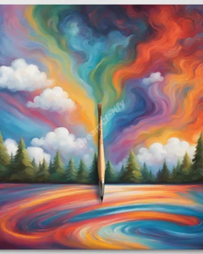 A paintbrush creating a vivid dreamscape on a blank canvas, representing creativity and self-expression in dreams.