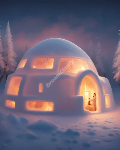 An igloo in a dreamscape, its icy walls revealing warm, glowing memories inside, representing protection and hidden warmth.