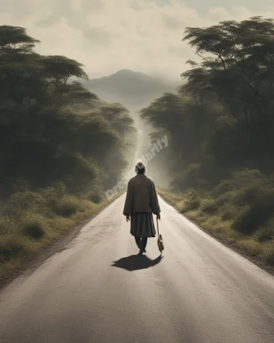 A vagrant walking along a road that transforms from urban to natural landscapes, symbolizing life's journey.