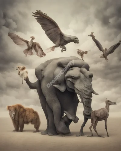 Animals morphing into human forms and vice versa in a surreal landscape, representing the blend of instinct and reason in dreams.