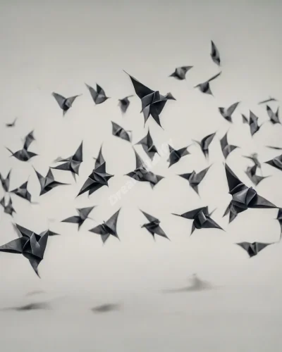 A dead bird transforming into a flock of origami birds taking flight, symbolizing transformation after loss.