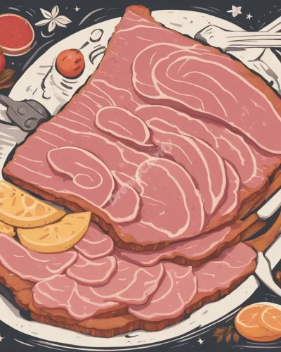 A slice of ham transforming into various dream symbols, representing nourishment and life's simple pleasures.