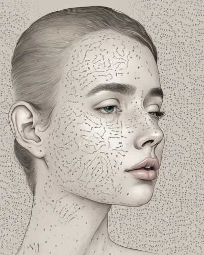 Acne forming patterns on a face, each bump revealing a hidden symbol, representing self-image and hidden issues.