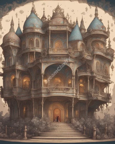 An ornate palace with rooms revealing different dream scenarios, representing the many facets of the dreamer's life.