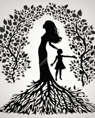 A silhouette of a daughter figure transforming into various symbols of growth and potential.